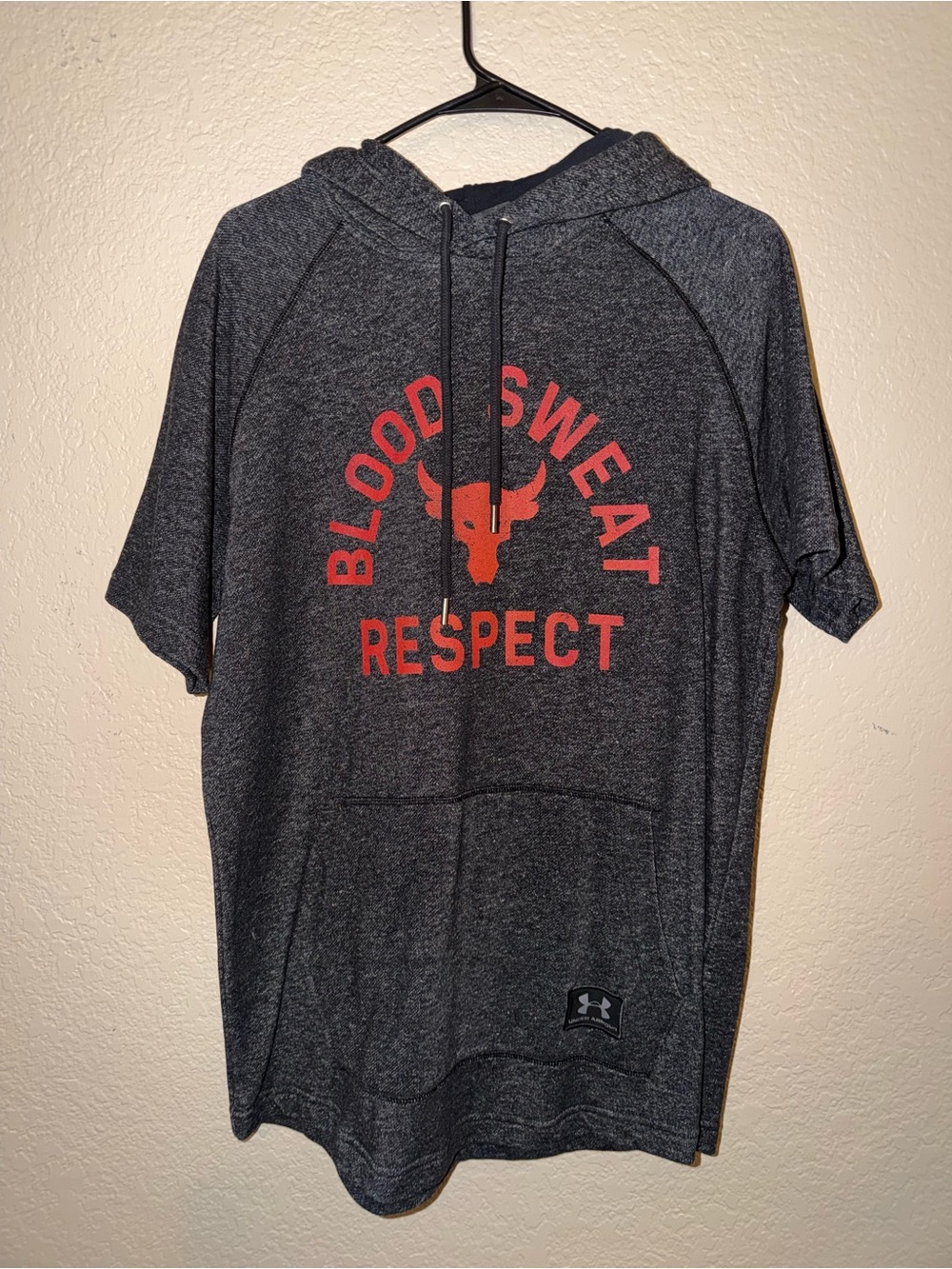 Under Armour Charcoal Heather Short Sleeve Hoodie with Red Graphic